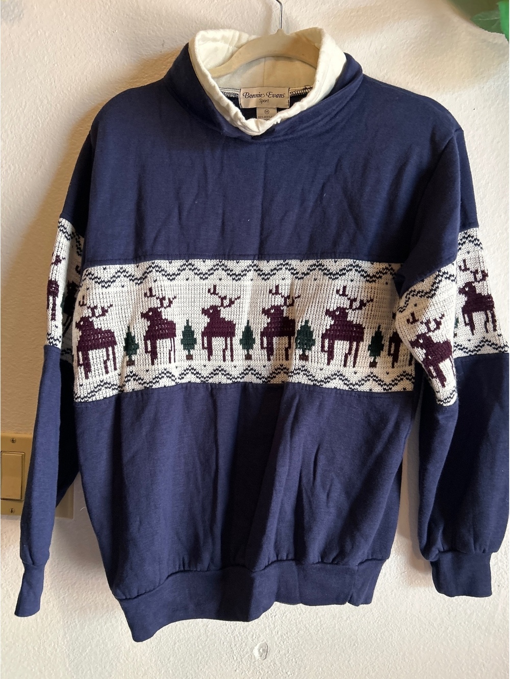 Bonnie Evans Sport Vintage Navy Blue Reindeer Pattern Pullover Sweater Medium